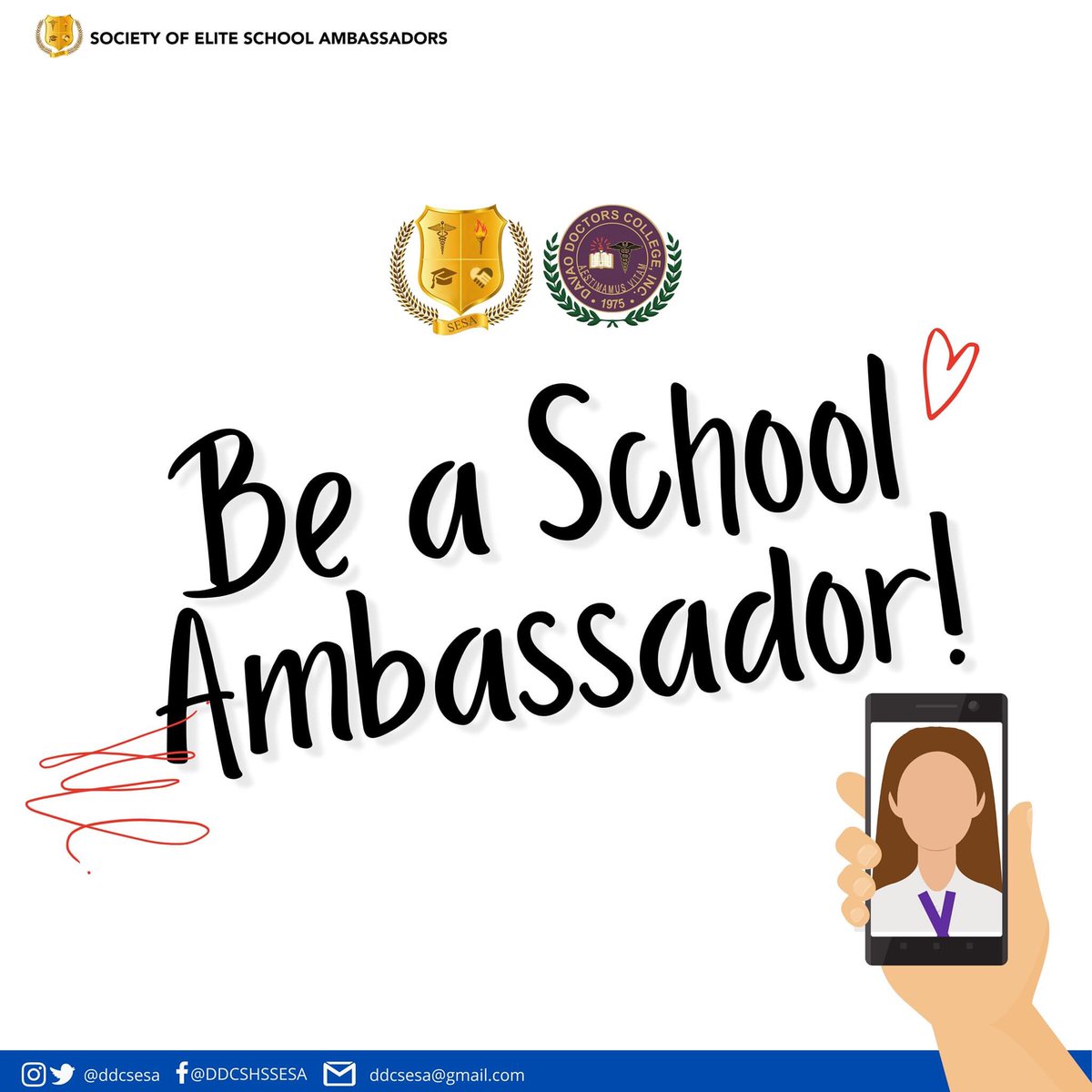ddcsesa's tweet photo. #BeASchoolAmbassador: Do you have what it takes? 

We are now accepting new ambassadors from Grade 11 and 12! 

What are you waiting for? Register now and become part of our growing community!

#ActaNonVerba
#DDCSHS 
#SESAProudlyRepresents https://t.co/gD4IgjWxzW
