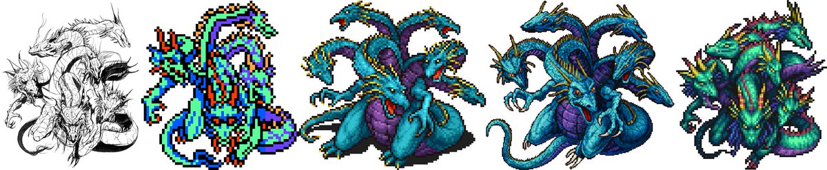 Sprite comparison the Four Fiends from FF1.

I get what Pixel Remaster is going for.  16-bit recreations of Amano's original concept art.  But I think I still prefer the higher definition PSP versions.

Pictured:  Concept art, NES, GBA, PSP, Pixel Remaster
