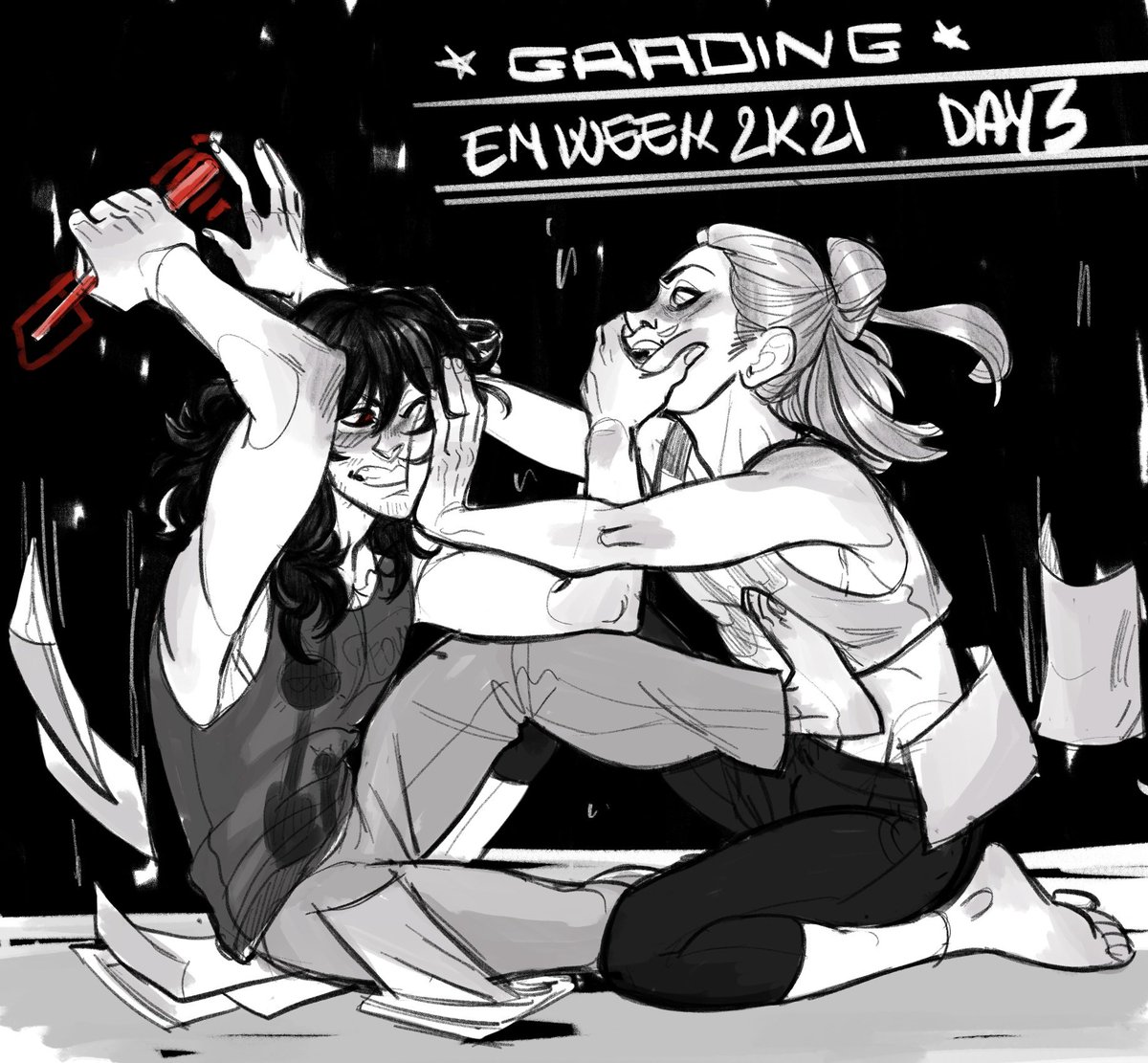 AlexandraLume's tweet photo. #EMweek2K21 Day3: Grading. Or "The Last Red Pen".
(Somewhere Kaminari and Mina feel like crying but they don't know why) #erasermic #bnha #aizawa #eraserhead #presentmic https://t.co/lYJqeiooub