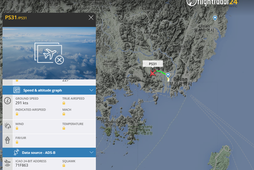 vcdgf555's tweet photo. Additional presumed tanker lifting out of Busan. 

PS31 is believed to be a KC-330 MRTT using hex code #71F863 https://t.co/zFRVtWSChG