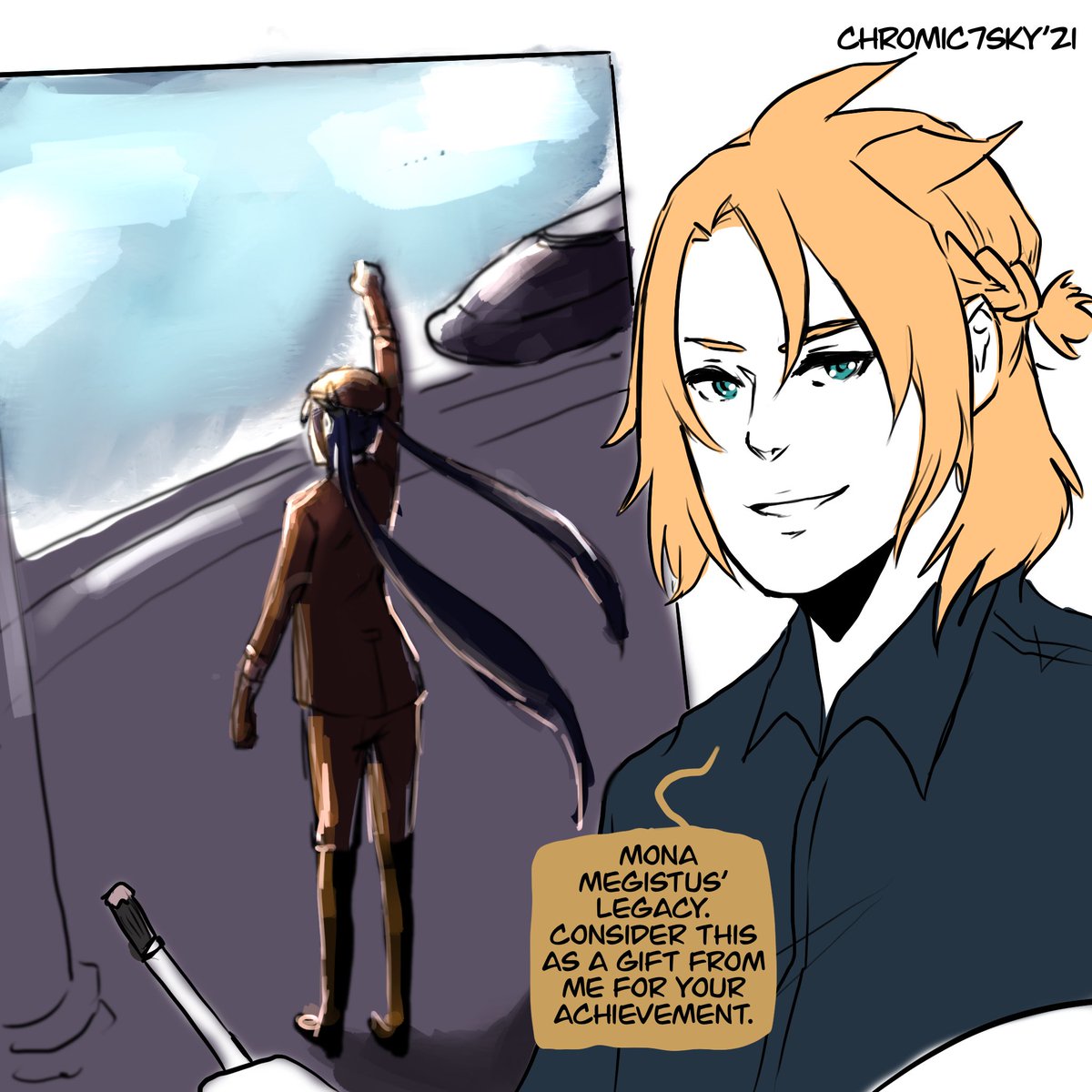 chrome_se7en's tweet photo. Almona week day 4: painting. Same Around teyvat 80 days au but after event. Ps : sorry for late submission, tried to do painting style but its not my forte. π« #almonaweek #monabedo #albemona #albedo #mona #painting #day4 @almonaweek #genshinimpact #εη₯Β #almona #Kreideprinz https://t.co/vkQHYcLAEy