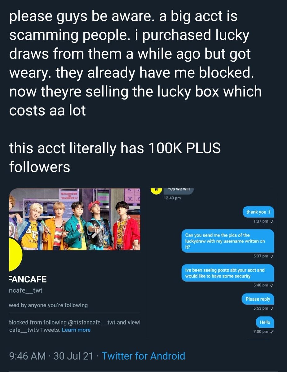 btsarmysafety's tweet photo. 🚨SCAM ALERT🚨

BLOCK &amp; REPORT

@/btsfancafe__twt
https://t.co/ikmzqosOx9

Twitter ID: 928629119780302848 

Formerly @/btsfc_global

https://t.co/UQaR672roZ https://t.co/AvV2kktnY3