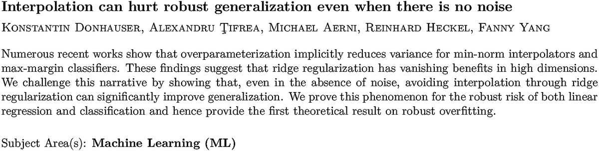 arxiv.org/abs/2108.02883…
K Donhauser et. al.
Interpolation can hurt robust generalization even when there is no noise