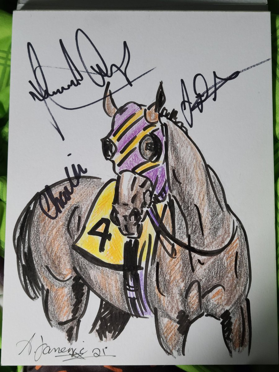 Doodle. Signed by @jdaacostamangua @jockey_charlie and @FLynchJockey I gave it to my nephew who visited @pimlicorc for his second time today. #HorseRacing #Thoroughbred #Pimlico #EquineArt #Jockey