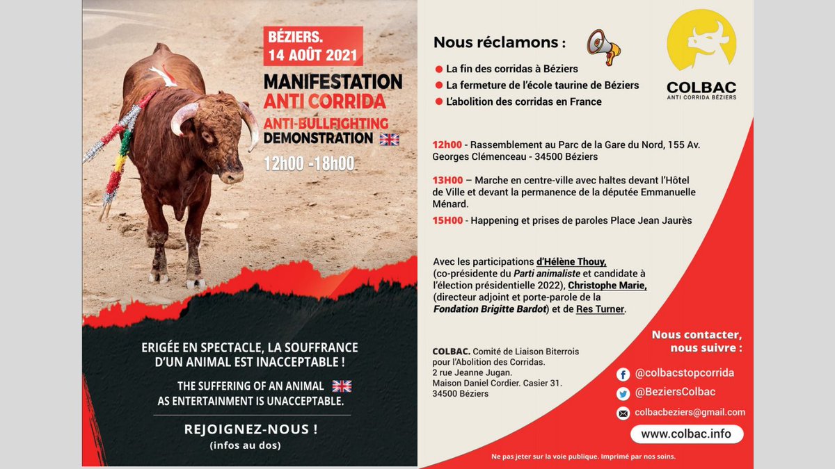 ✊J-6 #Béziers Ns réclamons la fin des #corridas

 avec <a href="/Anticorrida/">Alliance Anticorrida</a> <a href="/CRAC_Europe/">CRAC Europe</a> <a href="/no_corrida/">No Corrida</a> <a href="/FLACinfos/">Secrétariat FLAC</a> <a href="/AllianceEthique/">Alliance Ethique Ⓥ 🥕 😐</a> 
<a href="/L214/">L214 éthique & animaux</a> <a href="/naturesauvage31/">CollectifNatureSauvageOccitanie</a> <a href="/FBB_Officiel/">Fondation Brigitte Bardot</a> <a href="/onevoiceanimal/">One Voice</a> @ParisZoopolis <a href="/SaveSete/">sete animal save</a> <a href="/HeleneThouy/">Hélène Thouy</a> <a href="/OABA_Off/">OABA</a> <a href="/T_ANTOINE_EELV/">Thierry ANTOINE</a> <a href="/JM_Governatori/">Jean Marc Governatori</a> <a href="/ResTurner/">Res Turner</a> <a href="/Amadeus_Hum/">Amadeus VG Humanimal</a>