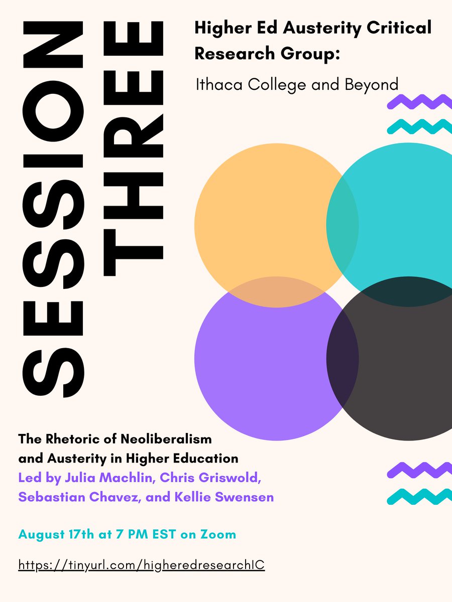 Hope to see you at our student-led research session August 17th at 7 PM! We’ll have the opportunity to hear about some student research projects related to neoliberalism and austerity in higher education. Should be a great discussion! 

Info &amp; zoom link: tinyurl.com/higheredresear…