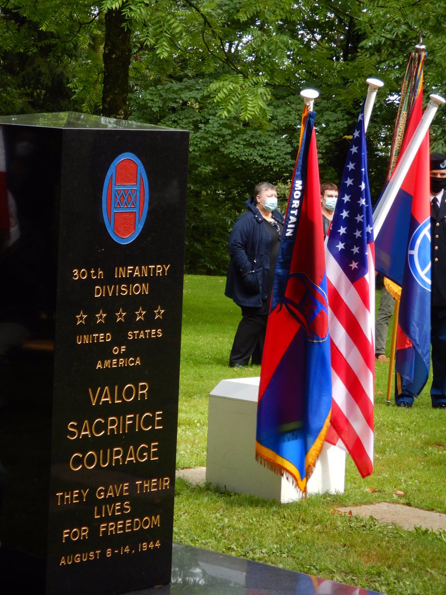 RossWCable's tweet photo. Honoured to be perhaps the only Commonwealth representative at the #USArmy #30thABCT ceremony at Mortain, #normandie. The Presidential Citation was finally affixed to the Divisional colours after 77 years - by a 96 year old veteran of the fight for Hill 314 @WW2TV @AARCAusArmy https://t.co/KmU3NES9xM