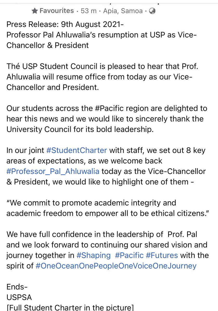 AneetKumar_'s tweet photo. The largest student body in the #Pacific has welcomed back its Vice-Chancellor & President- @pal_vcp with a powerful statement highlighting values of #AcademicFreedom and #AcademicIntegrity from it’s #StudentCharter. https://t.co/fsdAumnjHV