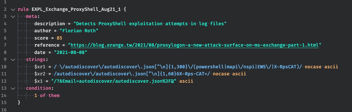 cyb3rops's tweet image. YARA rule to detect #ProxyShell exploitation in log files 

@buffaloverflow provided a log file of an exploited exchange/iis server to work with 
gist.githubusercontent.com/rxwx/060743a2b…

YARA rule
github.com/Neo23x0/signat…

Will soon be available in LOKI and THOR Lite