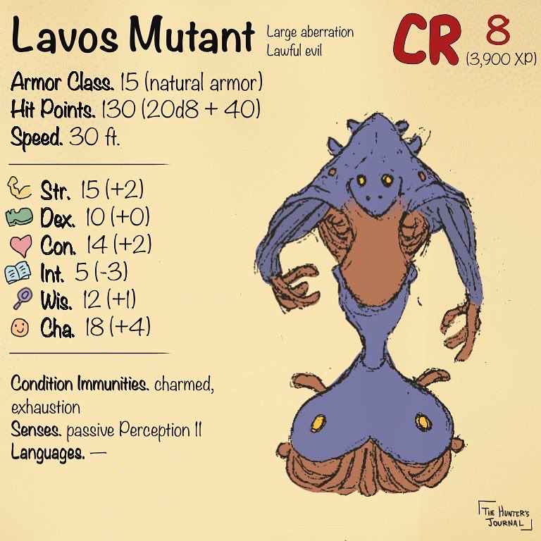 TheHuntersJour1's tweet photo. Fun Fr-unday with the Lavos Mutants! A trio of mutant guardians that patrol and defend the Black Omen. The aberrant creatures share a similar appearance, but each has unique abilities for fighting intruders.

#dnd #dndhomebrew #statblock #chronotrigger https://t.co/ur7tuhwX2F