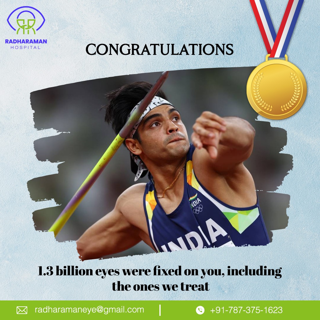 Snigdha25's tweet photo. That one moment of success takes years of dedication and perseverance. The whole nation celebrates the moment when Neeraj Chopra won the first-ever Olympic medal in Athletics. And it's a GOLD 🏅.
#OlympicsTokyo2020  #olympicsindia #NeerajChopra #olympicgold #radharamaneyehospital https://t.co/P3YeUB7Ws0