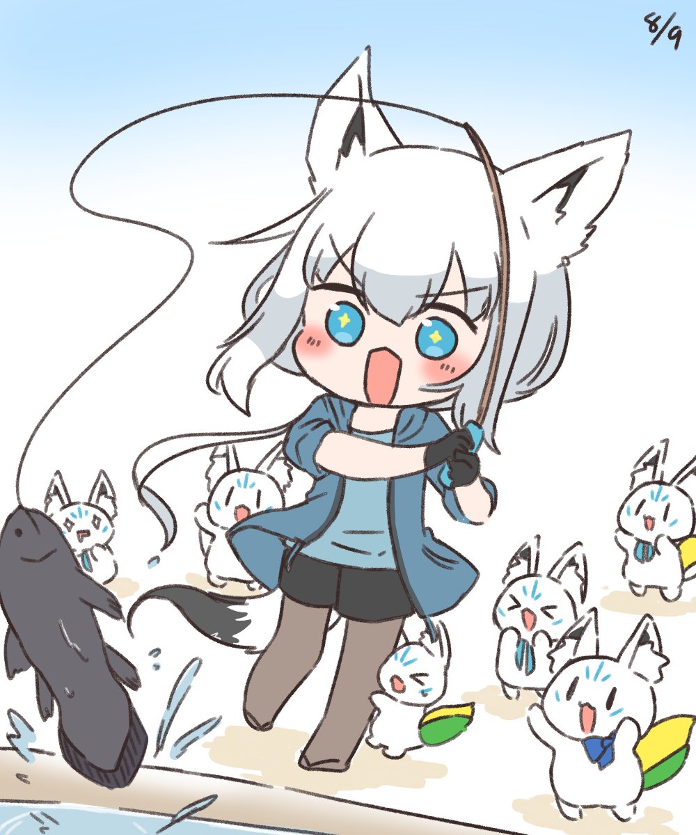 shirakami fubuki fishing rod fishing 1girl fox ears fox girl animal ears white hair  illustration images
