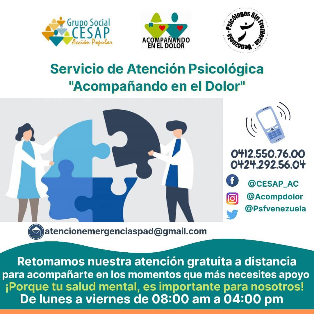 AcompDolor's tweet photo. #2021 #cuarentena #COVID-19  Retomanos el Servicio Atención Psicológica “Acompañado en el Dolor”. Llama 📲al (0412)550.76.00, (0424)292.56.04, #Lunes a #Viernes 08:00 AM a 04:00 PM, o escribe 📧atencionemergenciaspad@gmail.com #QuedateEnCasa #SaludMental @CESAP_AC @psfvenezuela https://t.co/TFQj1tEDbT