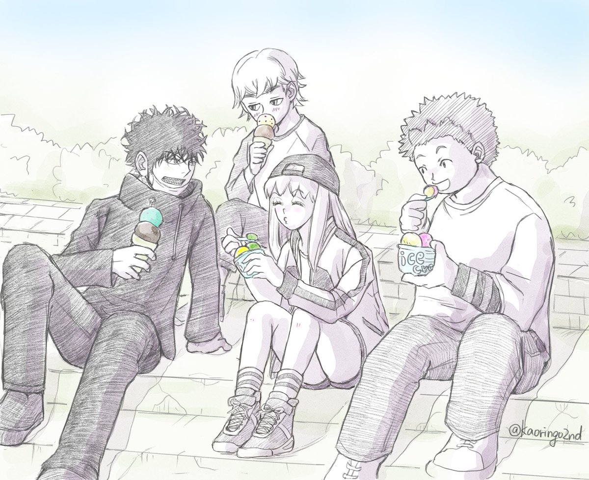 ヒカリ ワールドトリガー アイス食べる影浦隊 前に描いたヒカリちゃんの周りに 男子 びっけのイラスト