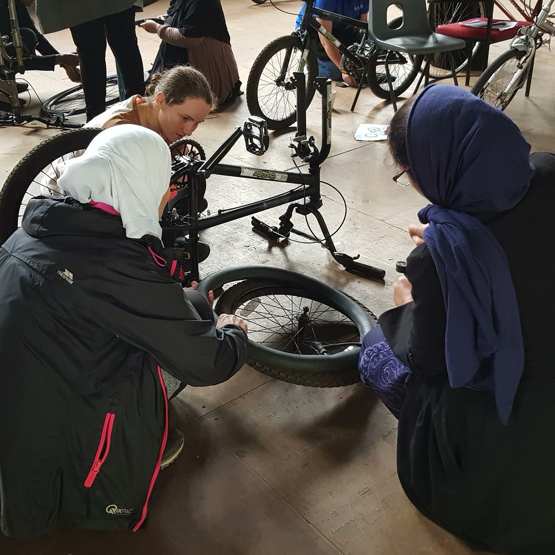 Today was the first of 3 bike mechanics sessions taught by Polly from @LifeCycleUKteam. Our ladies were super keen to learn these much needed skills and are equally keen to teach other women in tje future as part of the Cycling sisters project. #womensupportingwomen