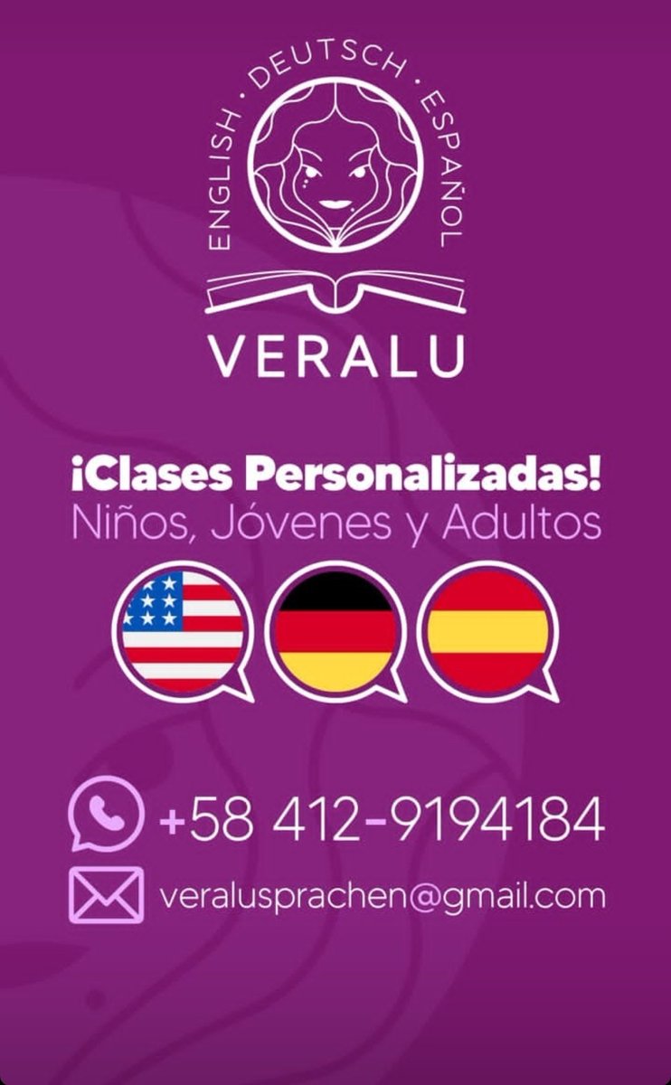 MaquillajeTips's tweet photo. 🍃Aprender un idioma es necesario así que yo he decido reforzar mi inglés 🇺🇲 con VeraLu Sprachen 

Cada clase es de 60 min ⏲️(1 hora completa), 💁‍♀️100% personalizada y divertidas🥰

Clases Online de Inglés, también Alemán 🇩🇪 y Español🇪🇦

Contacto: 📲+58 4129194184

#LeanEnglish https://t.co/1TanoonKNg