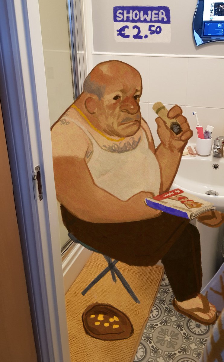 finally illustrated the dream i had months ago wherein some random fucking greek guy set up shop in my bathroom and started charging me to use my own fucking shower