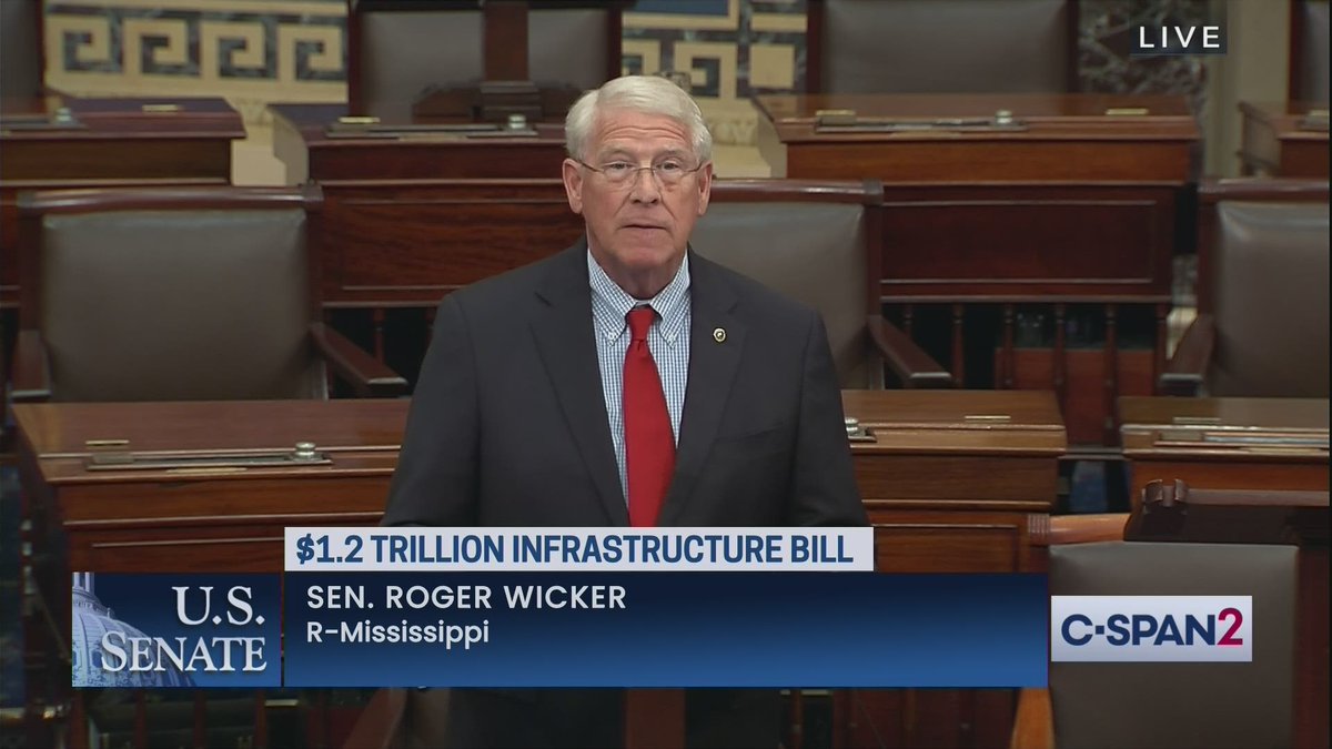 CraigCaplan's tweet photo. Wicker (R-MS) from Senate floor: "I rise this afternoon to announce my support for this bipartisan infrastructure legislation. Coming to this decision has not been easy or straightforward." https://t.co/818LLN23zY