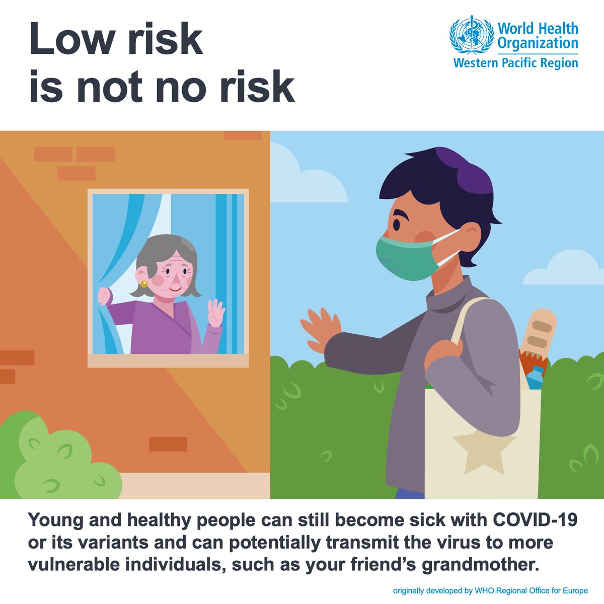 Illustration of 1 person and text that says 'Low risk is not no risk Young and healthy people can still become sick with COVID-19 or its variants and can potentially transmit the virus to more vulnerable individuals, such as your friend's grandmother. 
