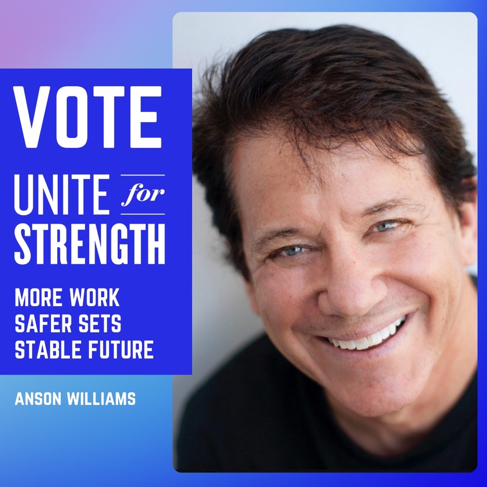 Vote for me, ANSON WILLIAMS! #335 Convention Delegate. Yvette Nicole Brown for LA President, & the entire @uniteforstrength Team! More work. Safer sets. Stable future. #unionstrong #SAGAFTRA #SAGAFTRAelection #uniteforstrength