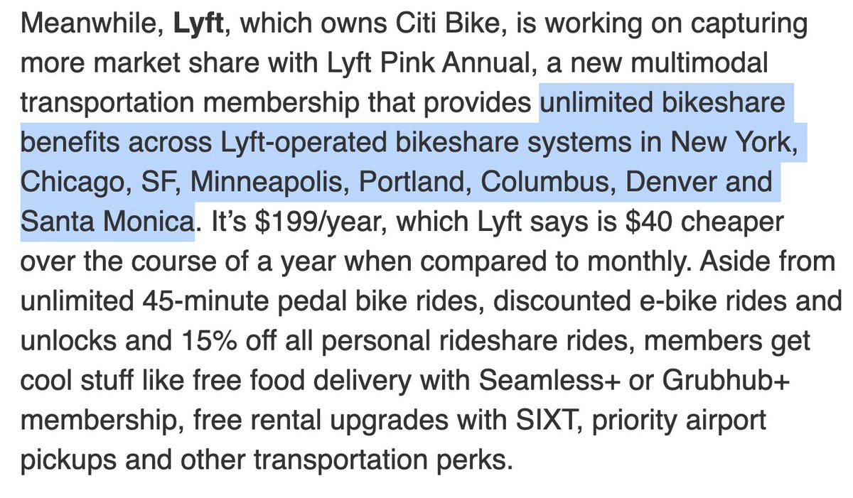 Ever fantasized about having a USA-wide bikeshare membership? 

The new Lyft Pink package is a step in that direction. (via <a href="/kirstenkorosec/">Kirsten Korosec</a>'s mobility newsletter)