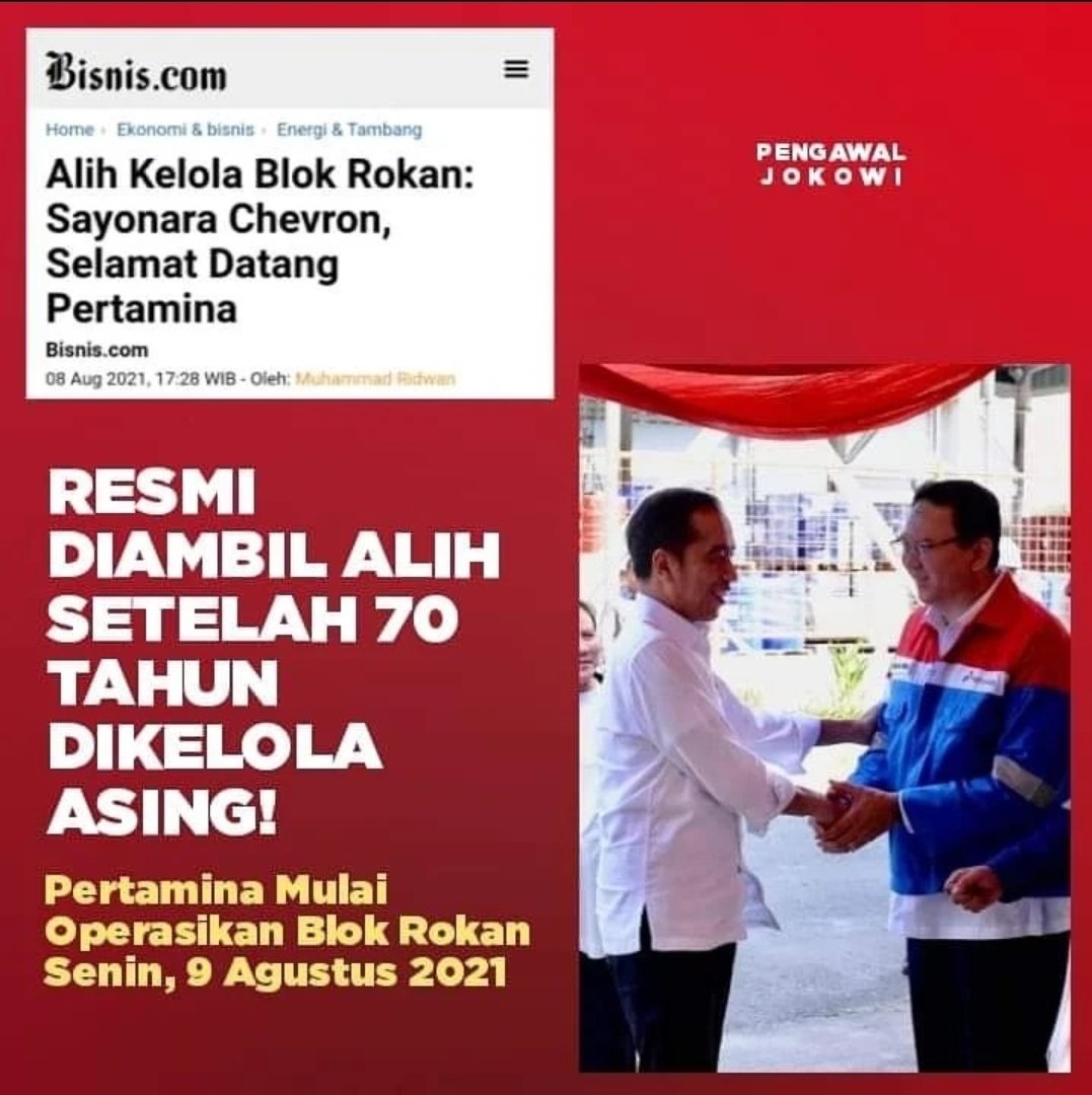 Mulai hari ini, blok Rokan resmi diambil alih <a href="/pertamina/">PERTAMINA</a> setelah 70 tahun dikelola asing. 

Hadiah ulang tahun kemerdekaan Indonesia yg ke-76. 

Terima kasih pak <a href="/jokowi/">Joko Widodo</a> <a href="/basuki_btp/">Basuki T Purnama</a> 👍👍