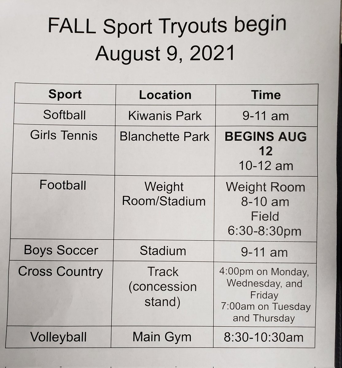 Fall Sports Practice start tomorrow!