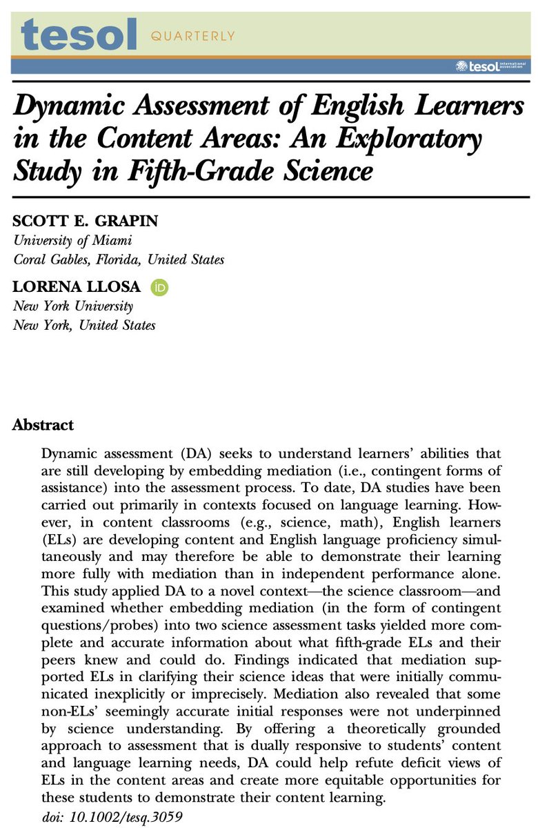 Scott Grapin (@grapinscott) on Twitter photo Do we get better information about what ELs/MLs know and can do when we provide mediation (probes such as “What do you mean?”) during science assessments? In short, yes, but it’s not only ELs/MLs who benefit. doi.org/10.1002/tesq.3… <a href="/lorenallosa/">Lorena Llosa</a> <a href="/TESOL_Assn/">TESOL Intl Assn</a> #NGSSchat Do we get better information about what ELs/MLs know and can do when we provide mediation (probes such as “What do you mean?”) during science assessments? In short, yes, but it’s not only ELs/MLs who benefit. doi.org/10.1002/tesq.3… <a href="/lorenallosa/">Lorena Llosa</a> <a href="/TESOL_Assn/">TESOL Intl Assn</a> #NGSSchat