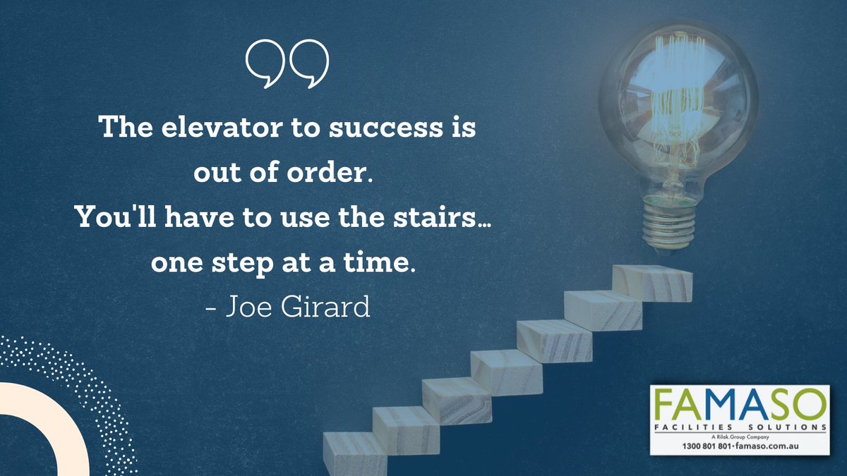 FAMASO5's tweet image. The elevator to success is out of order. You&apos;ll have to use the stairs… one step at a time. - Joe Girard

#inspirationalquotes #motivationalquotes #success #believe #mindset #life #entrepreneur #positivevibes #monday #inspirationalthoughts  #mondaymotivation  #mondaymantra