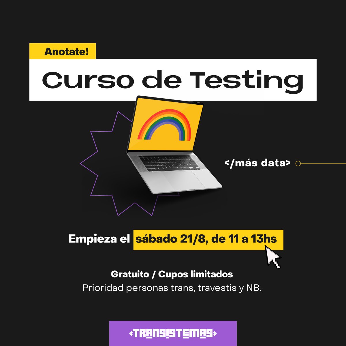 Transistemas1's tweet image. TALLER DE TESTING MANUAL 🚀

Uno de los más esperados 🤩 Ya están las inscripciones abiertas! Link para anotarte ➡️ transistemas.org/CursosyCapacit…  📝