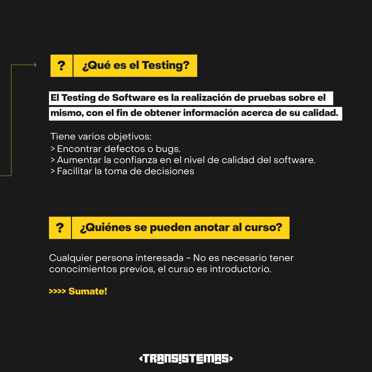 Transistemas1's tweet image. TALLER DE TESTING MANUAL 🚀

Uno de los más esperados 🤩 Ya están las inscripciones abiertas! Link para anotarte ➡️ transistemas.org/CursosyCapacit…  📝