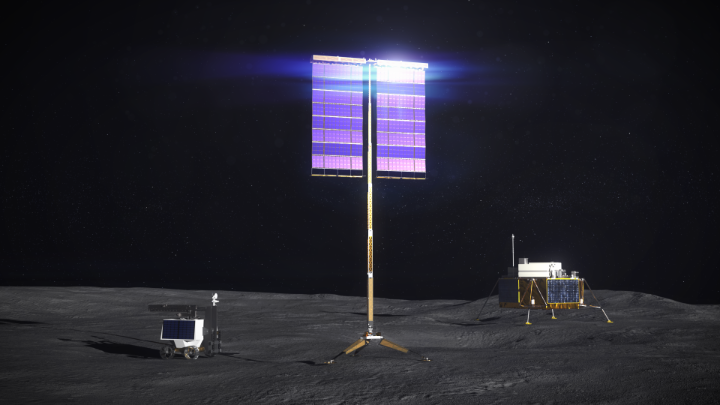 A solar panel reflects the Sun from the surface of the Moon with other landers nearby