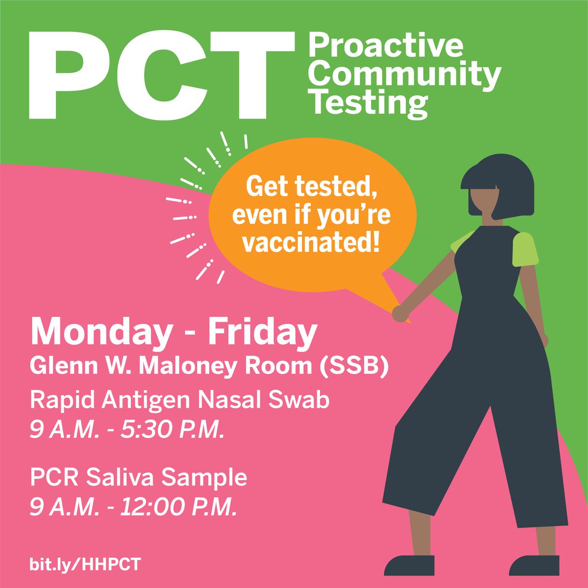 Proactive Community Testing is still available! UT students, faculty, and staff are invited to check out this week's hours, which allow for fast and easy asymptomatic COVID-19 testing.
