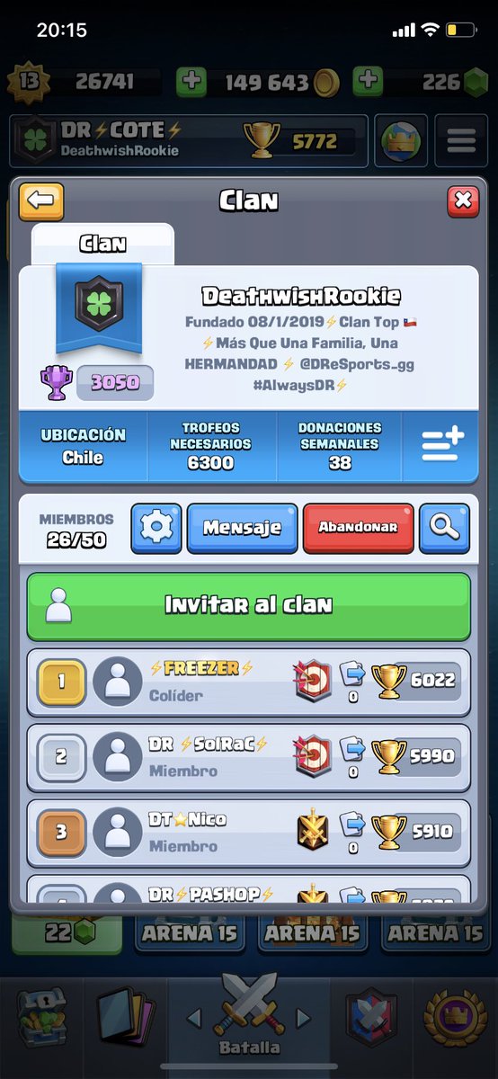 CR | CLAN LADDER 

Estamos reclutando miembros activos para el clan ⚡️DeathwishRookie⚡️

Beneficios:

✅ Pass Royal Al Mejor En Guerra
✅ 2 Torneos Internos x Temporada

Requisitos:

✅ Activo en guerra
✅ 6000 🏆 

Interesados MD

#AlwaysDR