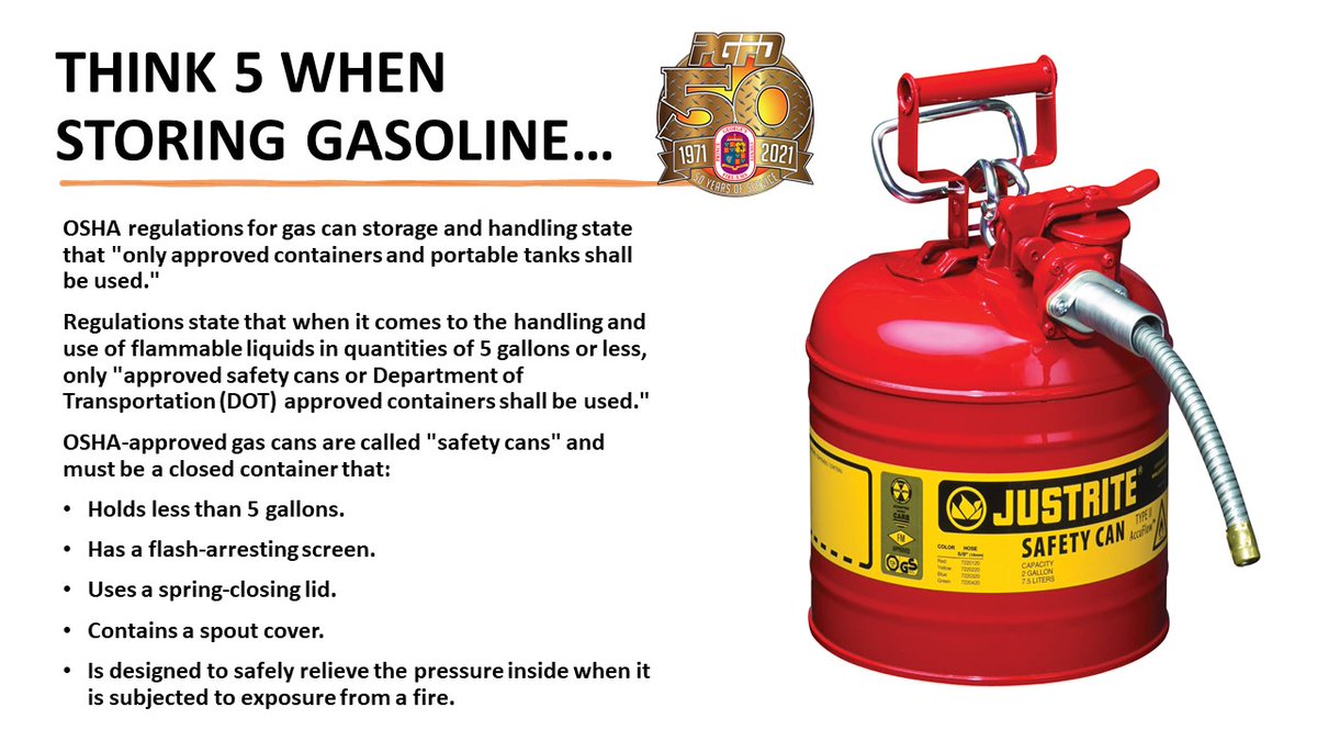 PGFDNews's tweet photo. The #PGFD wants to know if you are storing the gasoline that powers your lawn mower, portable generators or any other gas powered equipment properly. Follow these tips to ensure your gas is stored in the right can &amp; in the right location. #FiftyDaysofSafety https://t.co/XbYPidkzd1