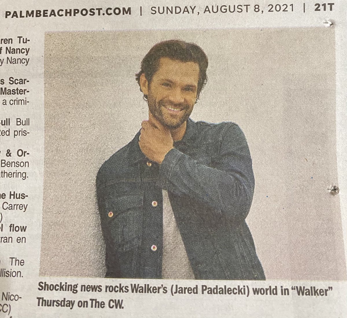 The #Walker finale mention in my local newspaper TV section today. Great pic of Jared 😊, but interesting choice to go with “shocking news” for Walker. 🤷🏻‍♀️😂 —Susan