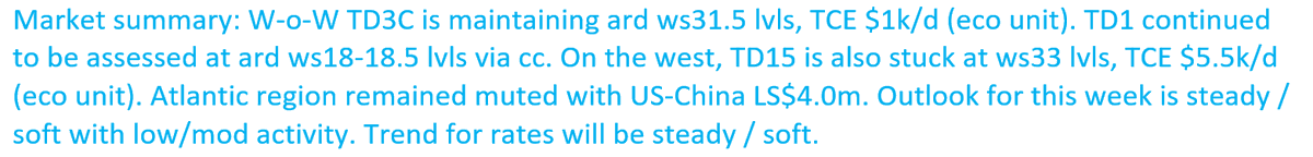 #VLCC market summary
 #OOTT #oil #tankers #Shipping #ships #Brokers #chartering #dirty #wet #ports #operations #vlcc #shippingindustry #Crude #CrudeOil #Bunker #Oil #Analytics #OPEC #energy #freight #CanadianOil #WTI #transport #IEA #Bloomberg #news #splash