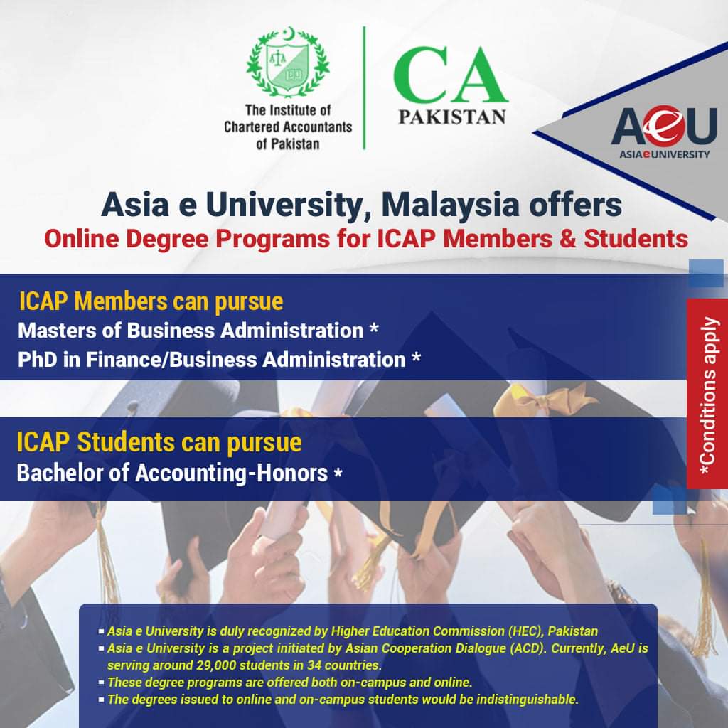 icapofficial's tweet photo. Looking to pursue further studies along with #CA?

Click here https://t.co/wd9XGs6zb6 to learn about the degree programs offered by Asia e University, Malaysia for ICAP students.

#ICAP #SignatureQualification #EmpoweringToLead https://t.co/tKhEyb2RFn