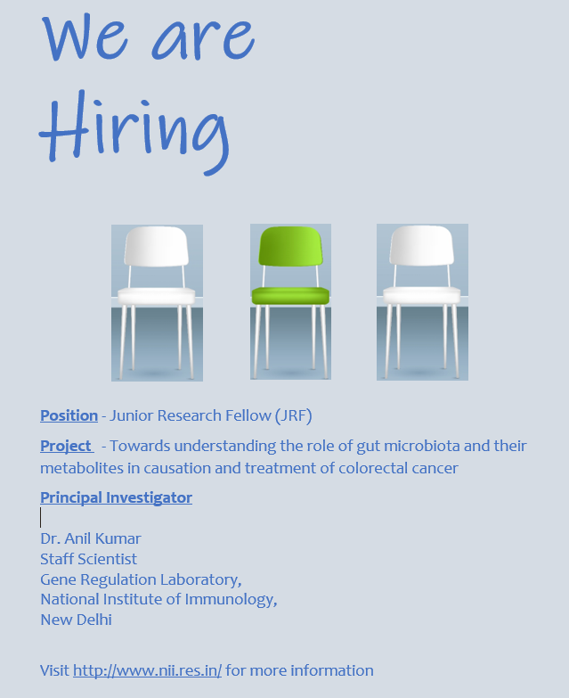 Applications are invited for the position of Junior Research Fellow (Project) for the Project entitled “Towards understanding the role of gut microbiota and their metabolites in causation and treatment of colorectal cancer” funded by <a href="/serbonline/">SERB</a>
nii.res.in/others/announc…
<a href="/DBTIndia/">Department of Biotechnology</a>