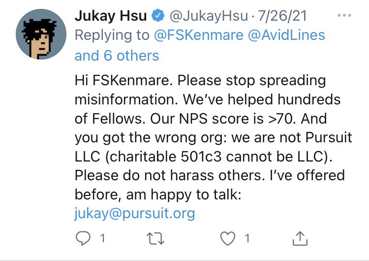 FSKenmare's tweet photo. Guess @jukayhsu just can’t handle the truth. Me telling the world that @joinpursuit is operating w/o a license is not harassment/misinformation. Don’t operate your school w/o a license if that’s not what you want 2 be said abt you. #DontJoinPursuit https://t.co/eSzRz0eCXZ