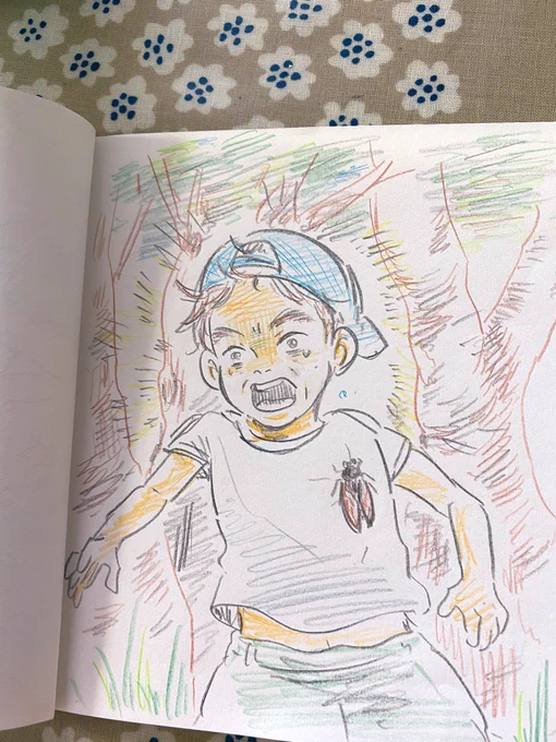 幼稚園の(親が描かないといけない)絵日記に、セミが服にとまってパニックになる5歳児描いた。一発書きにしては上手に描けた☺️笑 