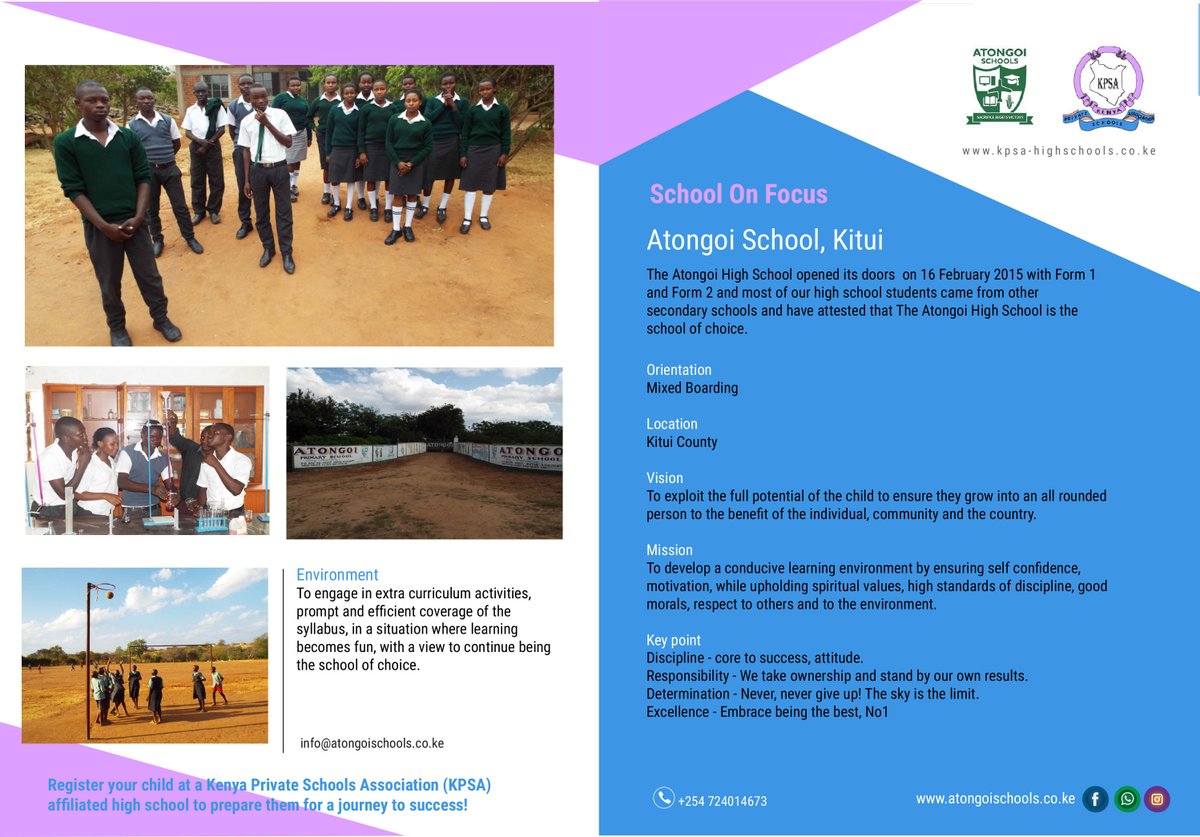 kpsa_highschool's tweet photo. KPSA Affiliate School: Atongoi School
Located in Kitui County, the school seeks to develop a conducive learning environment by ensuring self confidence, while upholding spiritual values and high standards of discipline. Form 1 intake ongoing. Contact us on: +254 724014673 https://t.co/LFnjE30RJL