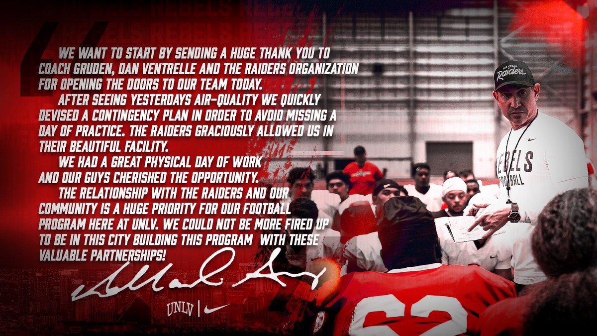 unlvfootball's tweet photo. Thank you @Raiders‼️ #VegasStrong #Practice4 #BEaREBEL https://t.co/v6xgxfMmWl