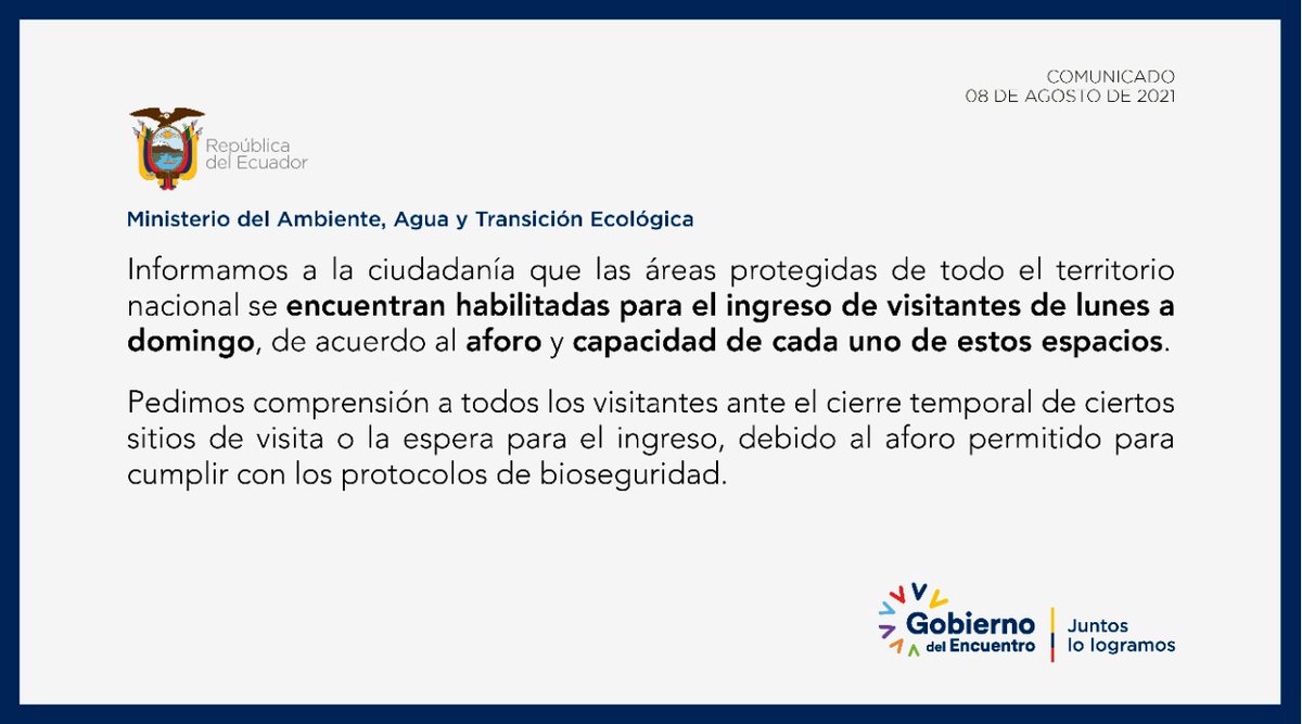 COMUNICADO | Informamos a la ciudadanía que las áreas protegidas de todo el territorio nacional se encuentran habilitadas para el ingreso de visitantes de acuerdo al aforo y capacidad de cada uno de estos espacios.