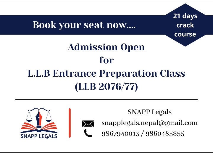 snapplegals's tweet photo. LLB Entrance Preparation Class is ongoing at SNAPP Legals for LLB 2076/77 batch.
Please contact us for more details. https://t.co/ihXookWWJh