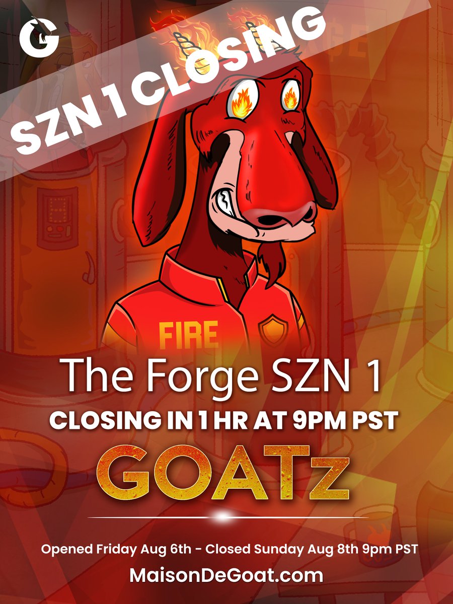 MaisonDeGOAT's tweet photo. We have surpassed 1600 GOATz put into The Forge in the last 3 days resulting in 800 New Forged GOATz and 800 Burned! Less than 1 HOUR LEFT to Forge! #ItsClosingTime One last call for Forging #LetsGOat https://t.co/LvVBl0HD0e