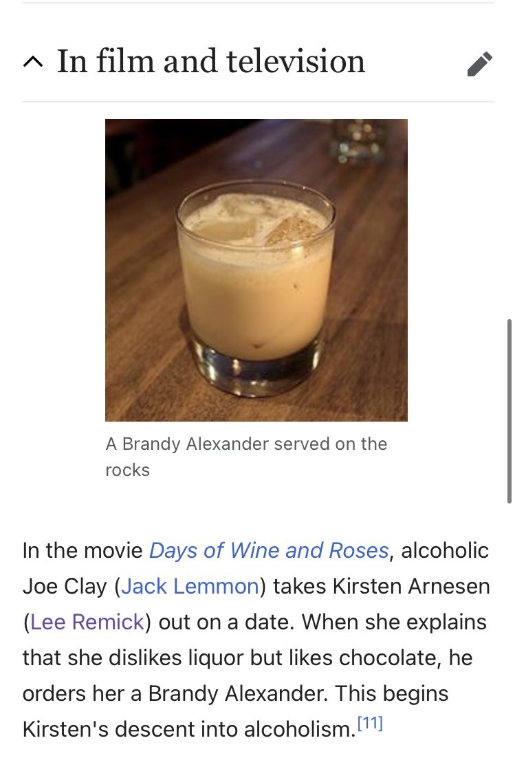 The “in film and television” section for the Brandy Alexander starts out strong