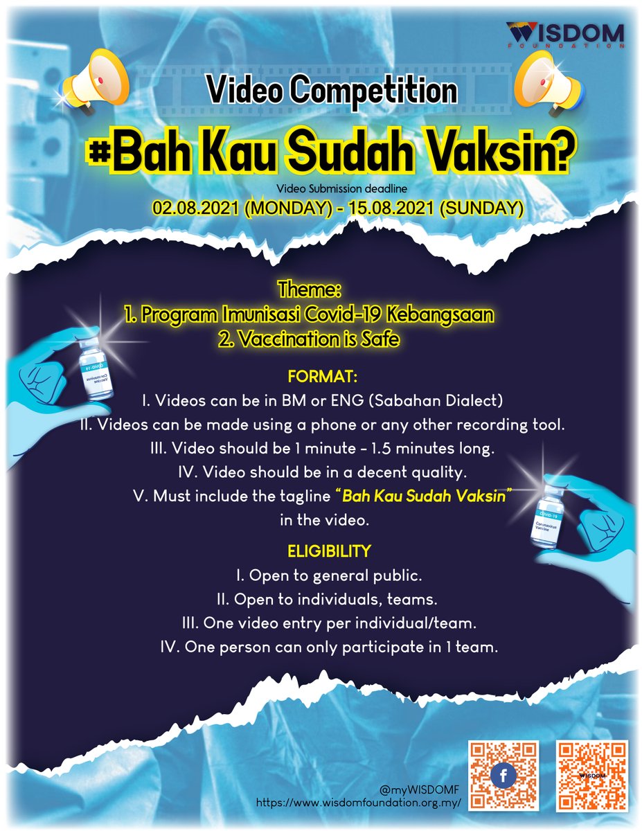 myWISDOMF's tweet photo. 𝐁𝐚𝐡 𝐊𝐚𝐮 𝐒𝐮𝐝𝐚𝐡 𝐕𝐚𝐤𝐬𝐢𝐧?💉🤔 
Our Bah Kau Sudah Vaksin? video competition is still ongoing! 💃🏻 Come join and get a chance to win 𝐜𝐚𝐬𝐡 𝐩𝐫𝐢𝐳𝐞𝐬 𝐰𝐨𝐫𝐭𝐡 𝐑𝐌𝟏,𝟐𝟓𝟎!🤩 

#WISDOMFoundation, #VaksinOKBah, #BahKauSudahVaksin #videocompetition https://t.co/cLXfvsD48g