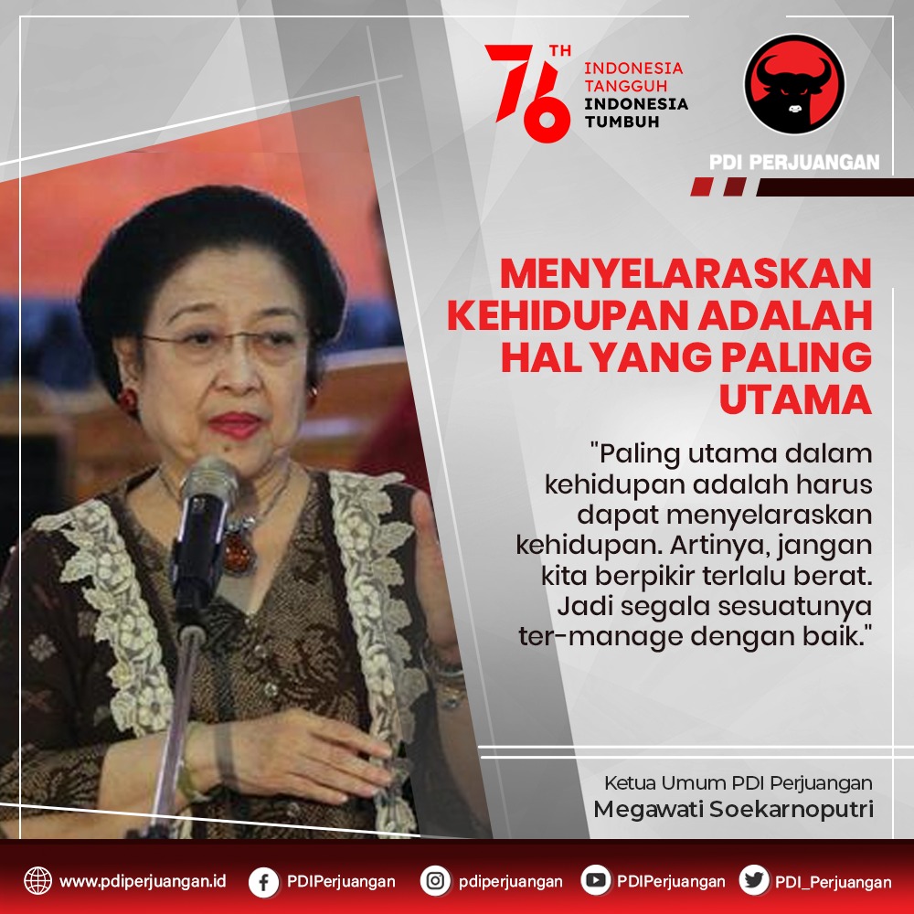 Presiden kelima RI, Megawati Soekarnoputri berpesan agar generasi muda selalu memiliki keyakinan dan harapan dalam mengisi kemerdekaan saat ini.

Megawati menyampaikan bahwa hal yang paling utama dalam kehidupan adalah harus dapat menyelaraskan kehidupan.

#PDIPerjuangan