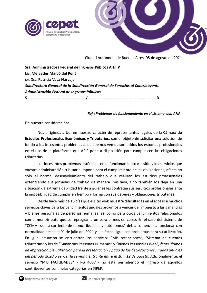CePeT_oficial's tweet photo. Nota enviada a AFIP por los problemas en sus servicios, que dificultan a los estudios profesionales cumplir con las obligaciones tributarias delegadas.
@AFIPcomunica @MerMarco @Martin_M_Guzman @alferdez @KulfasM @afipincomunica2 @BlogDelContador @Contadoresenred @ignacioonline https://t.co/yYx81Dzr6F